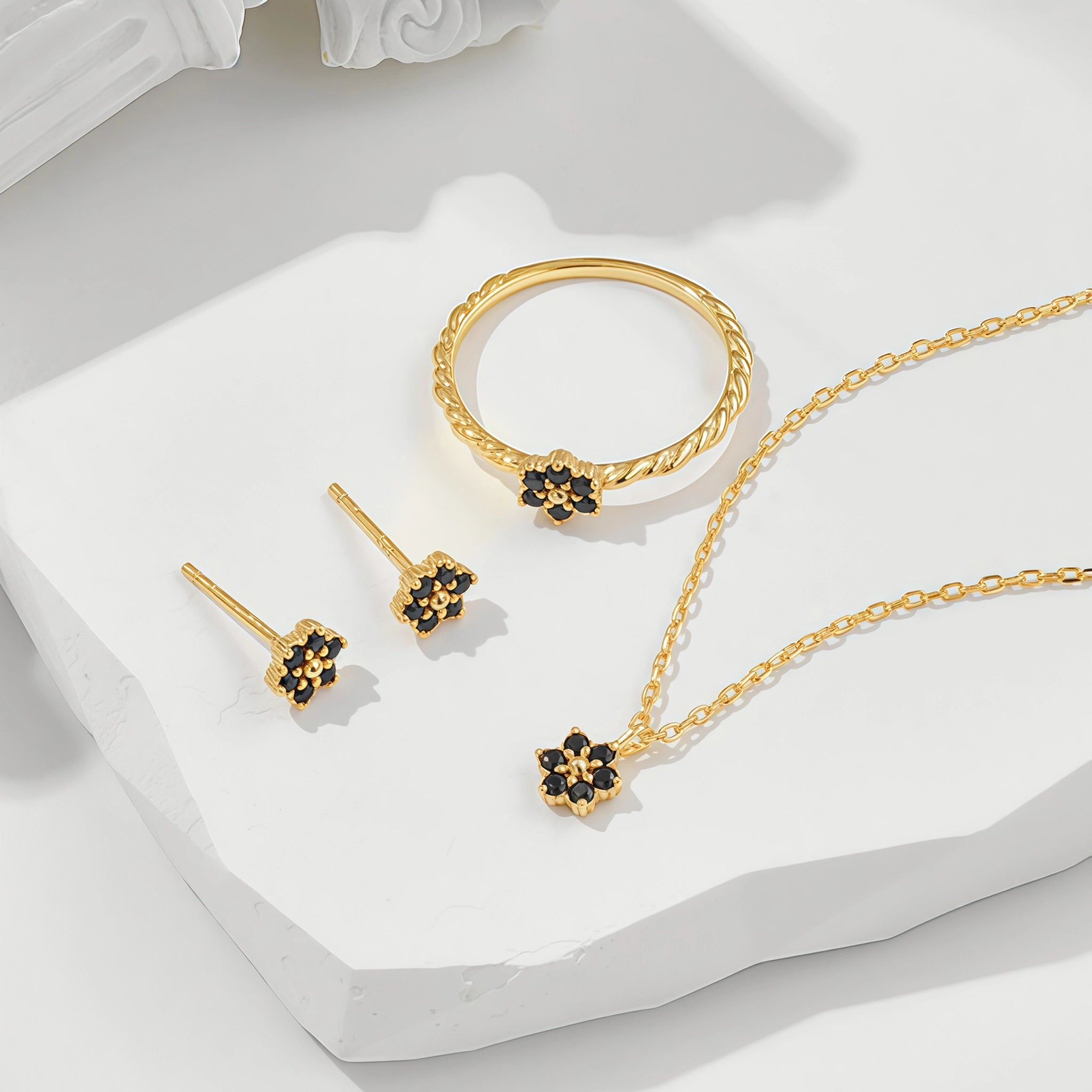 Four‑Petal Flower Black Gemstone Jewelry Set - Serenity And Fortitude