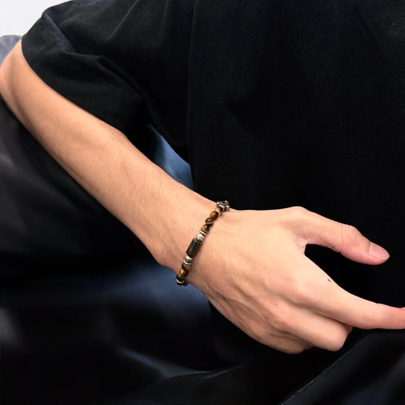 Bracelet Œil de Tigre naturel, runes anciennes — Cadeau de couple pour petit ami
