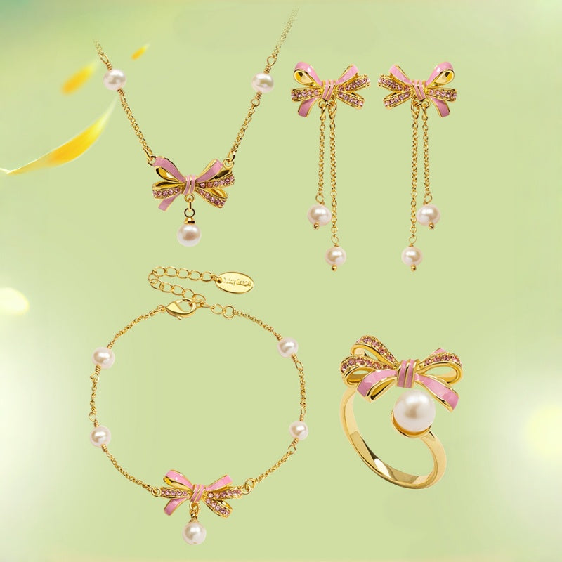 Bow‑knot Necklace Bracelet Ring Earrings Jewelry Set - Sweet Feminine Style