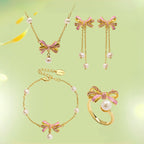 Bow‑knot Necklace Bracelet Ring Earrings Jewelry Set - Sweet Feminine Style