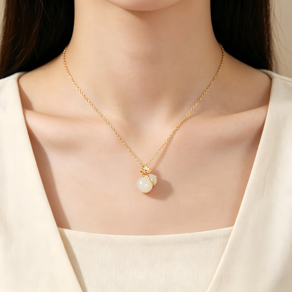 Nephrite Lotus & Gourd Necklace - Symbol of Purity and Blessings