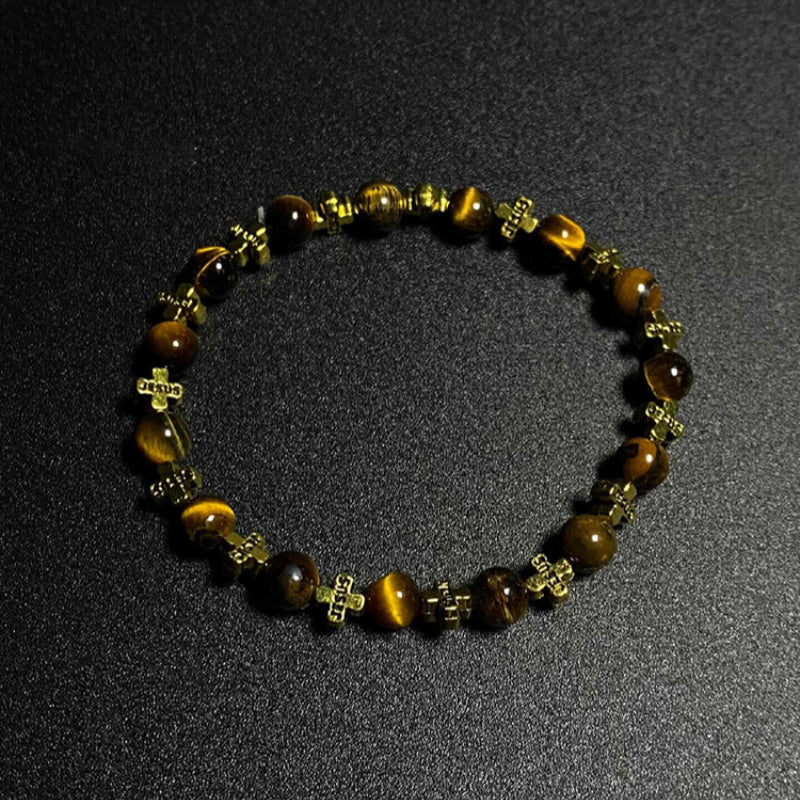 Vintage Cross Tiger Eye Beaded Bracelet - Wealth Attracting