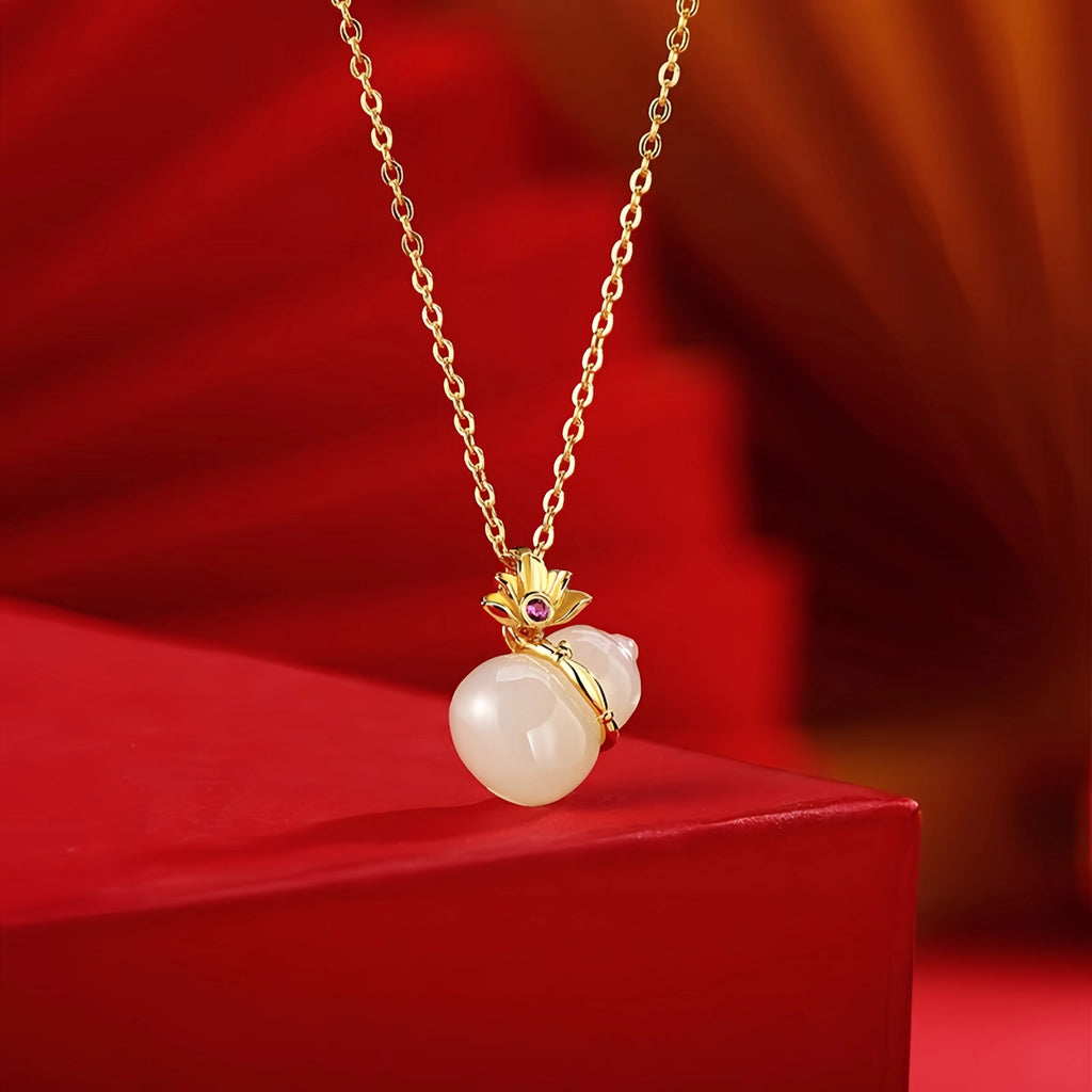 Nephrite Lotus & Gourd Necklace - Symbol of Purity and Blessings