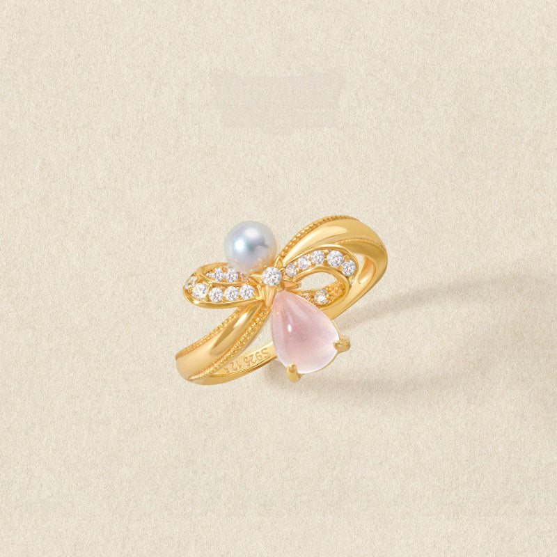 Bow Pearl Natural Rose Quartz Crystal Ring - Self-love First, Fortune Follows