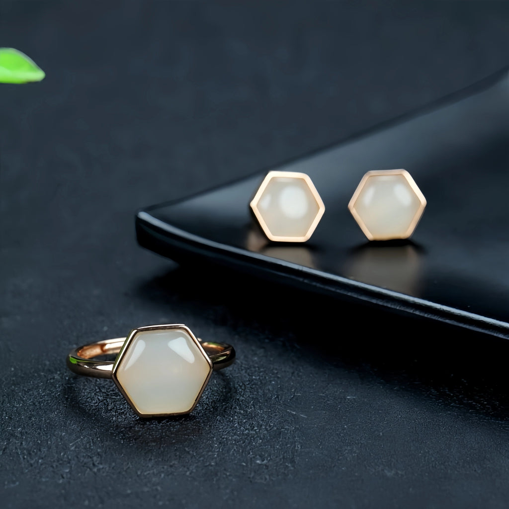 Natural Hetian Jade Hexagonal Ring & Earrings Set - Nurture Body & Soul