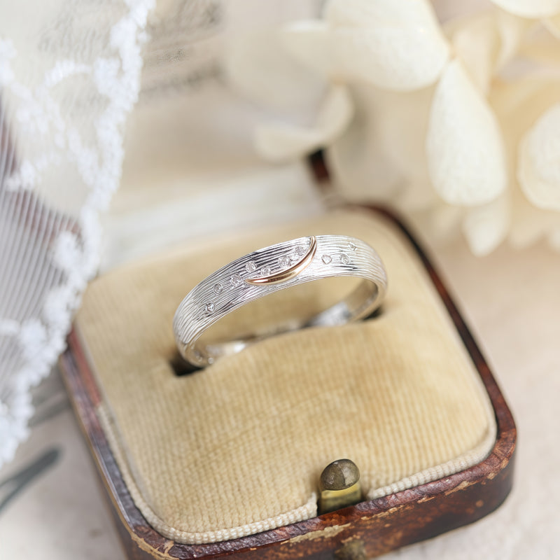 Two Tone Brushed Star Moon Band Ring