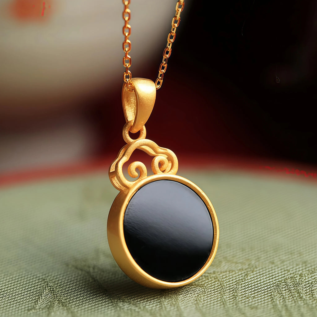 Natural Black Hetian Jade Auspicious Cloud Round Tablet Necklace - Protection & Wholeness