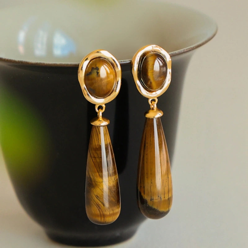 Boucles d'oreilles goutte d'eau œil de tigre naturel — attire la richesse et protège