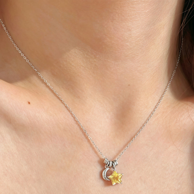 Moon&Star Natural Citrine/Clear Quartz Necklace - Attracts Wealth, Purifies Aura