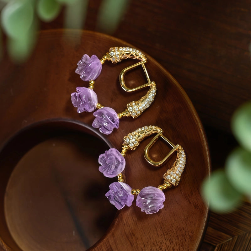 Natural Amethyst Earrings With Purple Rose Petals Earrings