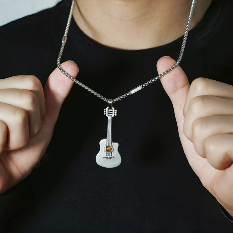 Natural Tiger Eye Stone Necklace — Personalized Guitar Pendant for Boyfriend