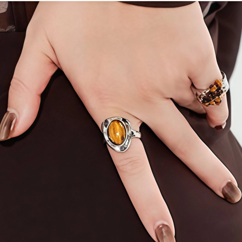 Bague en pierre naturelle œil de tigre avec étoile striée, porte-bonheur pour femme