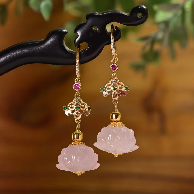 Boucles d'oreilles en cristal rose naturel, gouttes de lotus