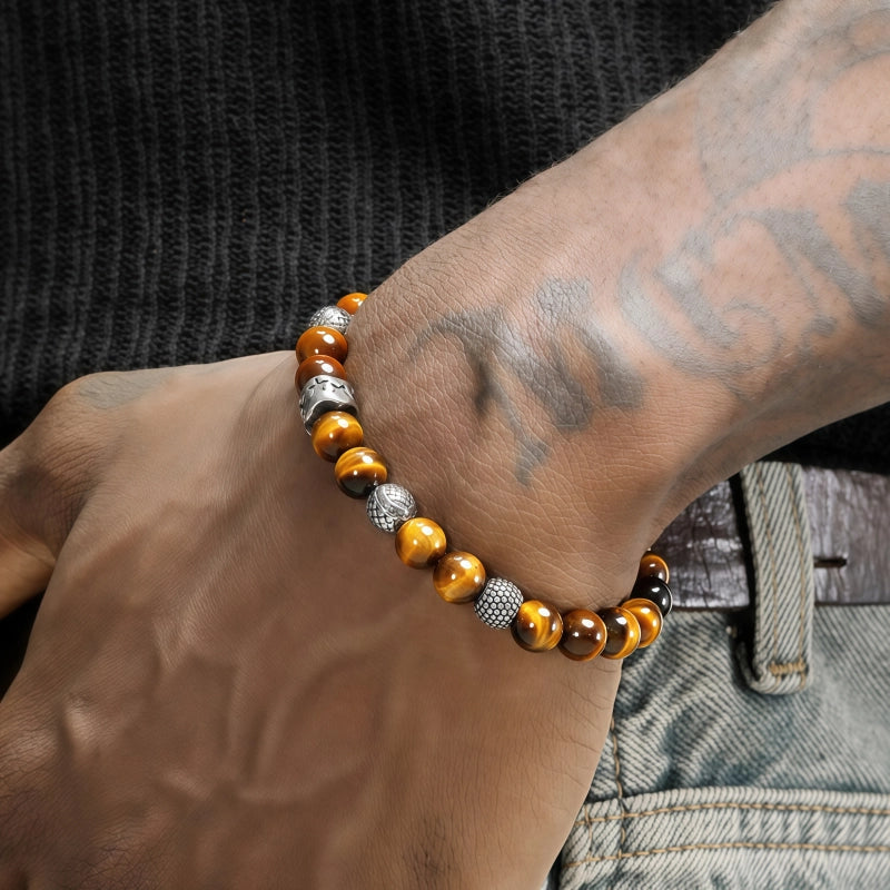 Bracelet en pierre Œil de tigre naturelle Bracelet polyvalent tendance avec perles en acier pour homme