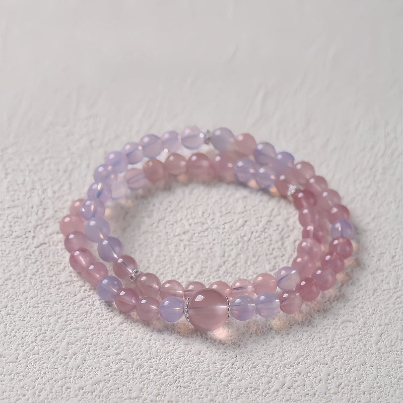 Natural Pink Crystal Purple Jade Multi Circle Bracelet - Romance and Good Fortune