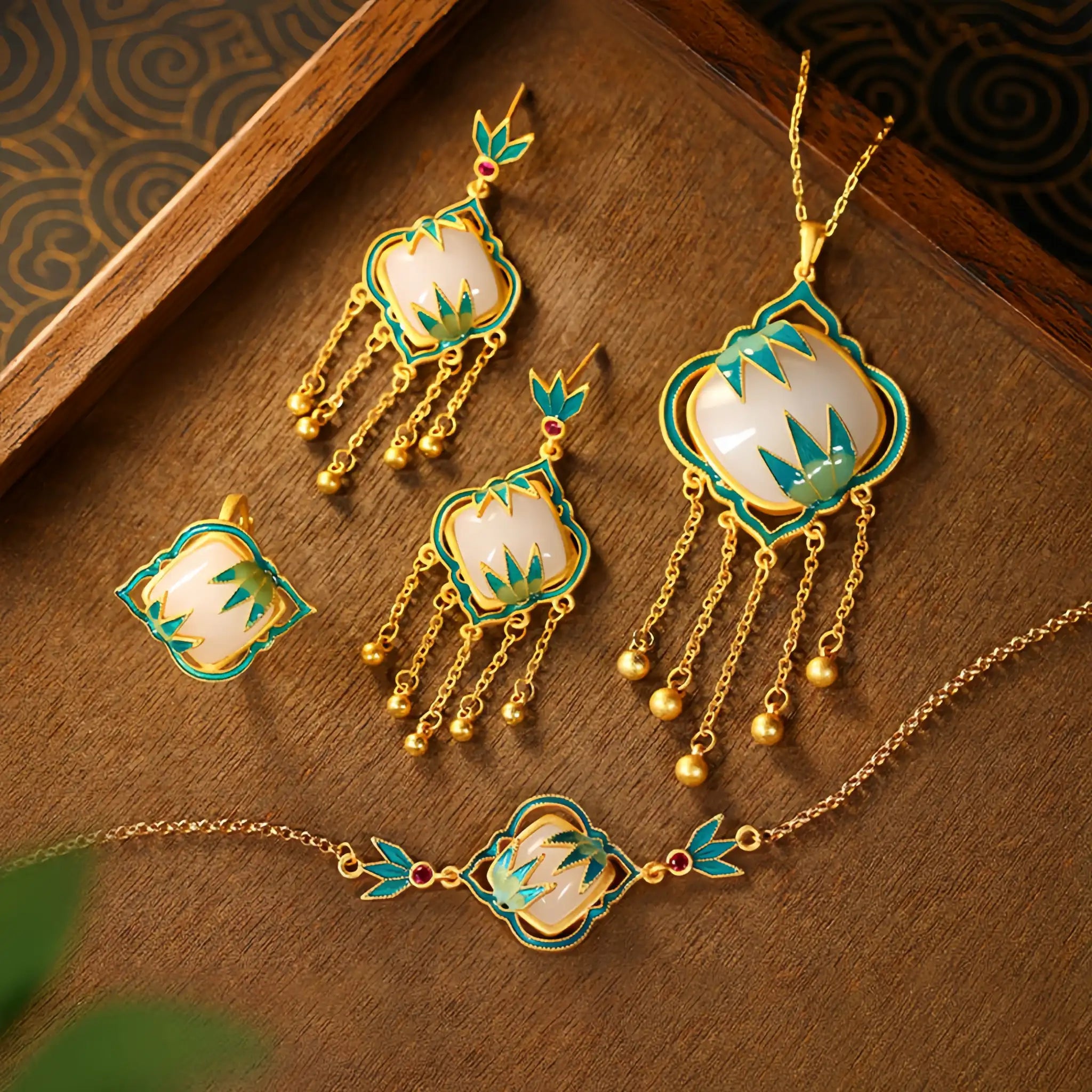 Natural Hetian Jade Necklace Bracelet Earrings Ring Set - Symbolizes Peace