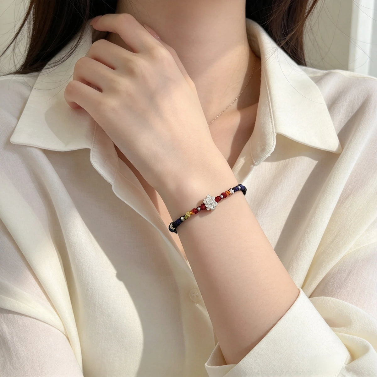 Rainbow Sterling Silver Lotus Braided Bracelet - For Harmonious Energy