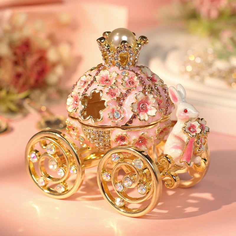 Dainty Princess Cherry Blossom Trinket Box | Enamel Bunny Carriage