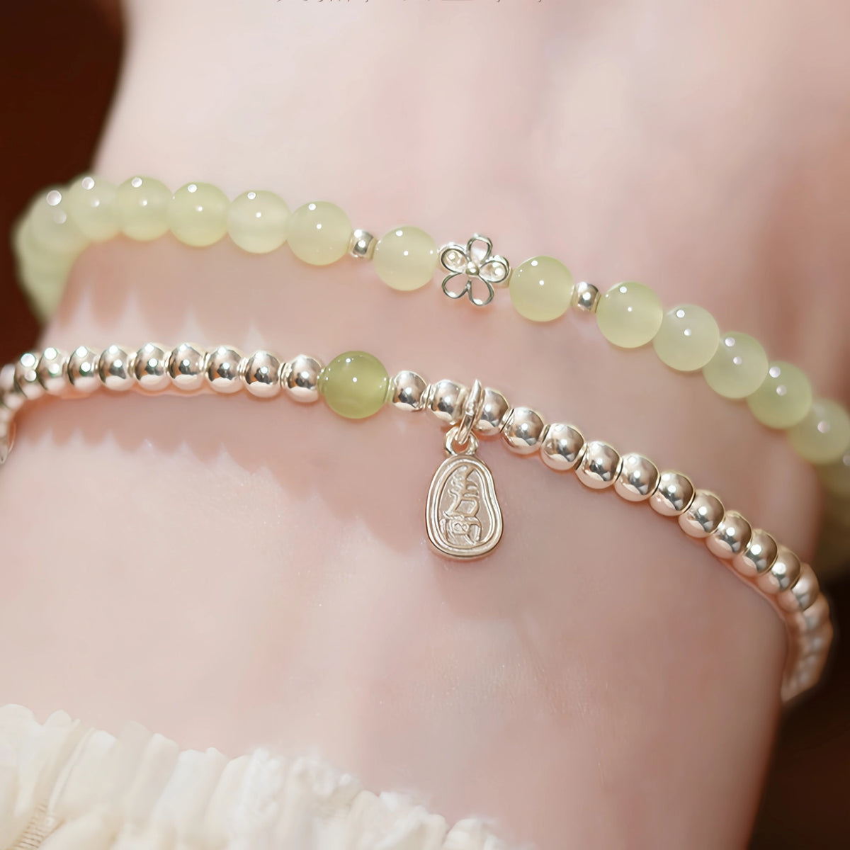 Nephrite & Silver Beads Stackable Bracelet - Serene Minimal Elegance