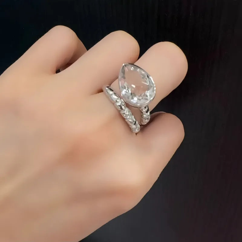 Teardrop Natural Clear Crystal Ring