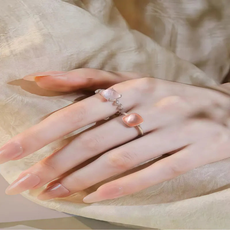 Square Pink Rose Quartz Open Ring