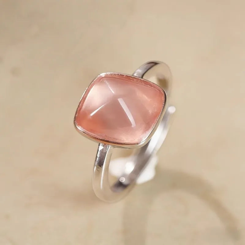 Square Pink Rose Quartz Open Ring