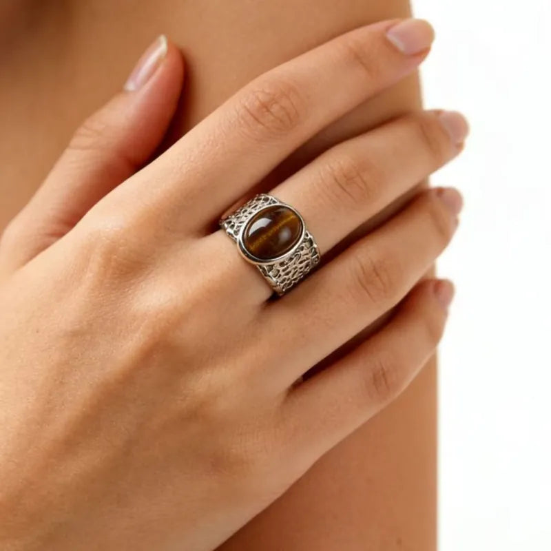 Water Ripple Tiger Eye Open Ring-Luck and Calm