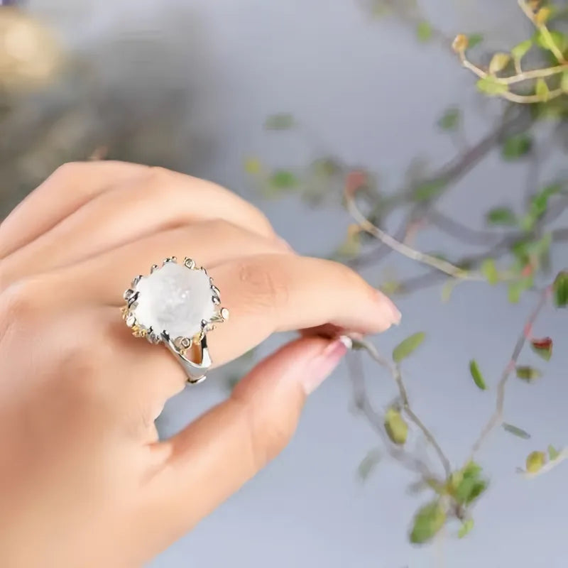 Natural White Crystal Lotus Ring-Purity & Blessings
