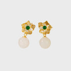 Boucles d'oreilles anciennes en argent sterling avec lotus en jade Hotan naturel