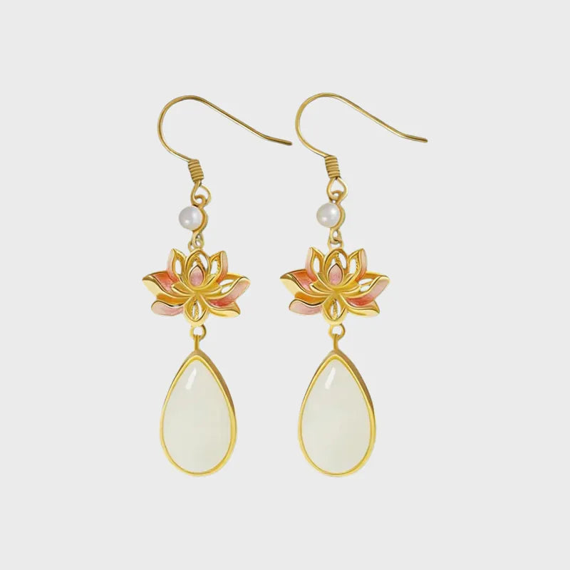 Lotus Vivid Natural Hetian Jade  Earrings