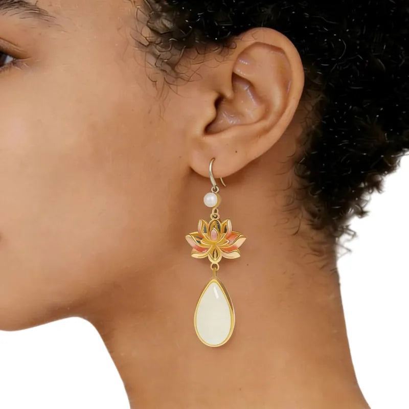 Lotus Vivid Natural Hetian Jade  Earrings