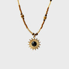 Collier en perles de bois massif et pierre naturelle œil de tigre — Dieu gardien du soleil