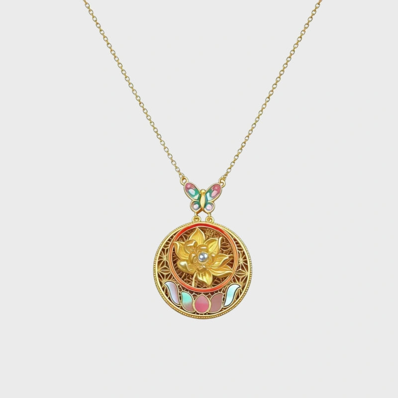 Butterfly Dancing on Lotus Necklace