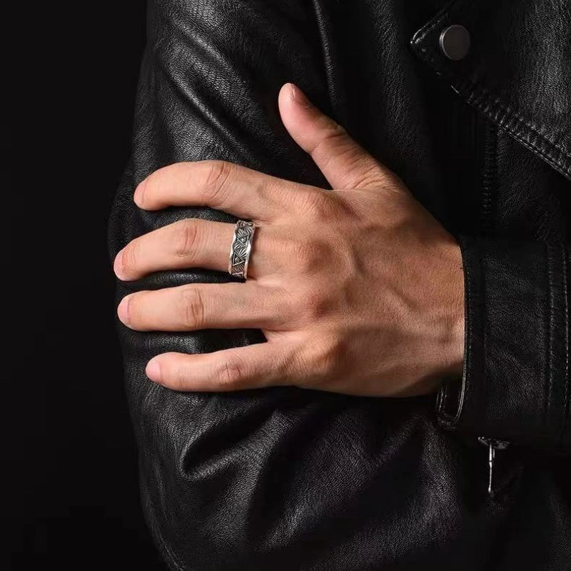 Evil Eye Wide Band Ring – Silver Obsidian Mirror Stone for Spiritual Protection