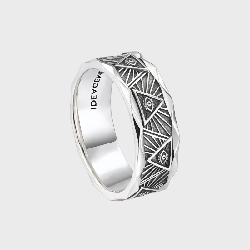 Evil Eye Wide Band Ring – Silver Obsidian Mirror Stone for Spiritual Protection