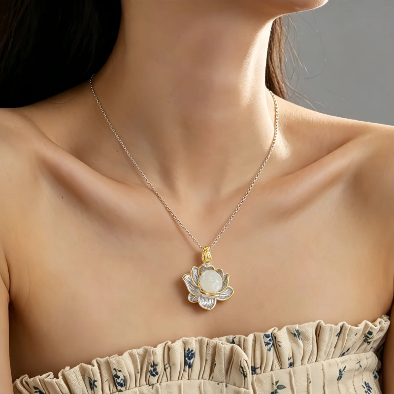 White Jade Lotus Necklace