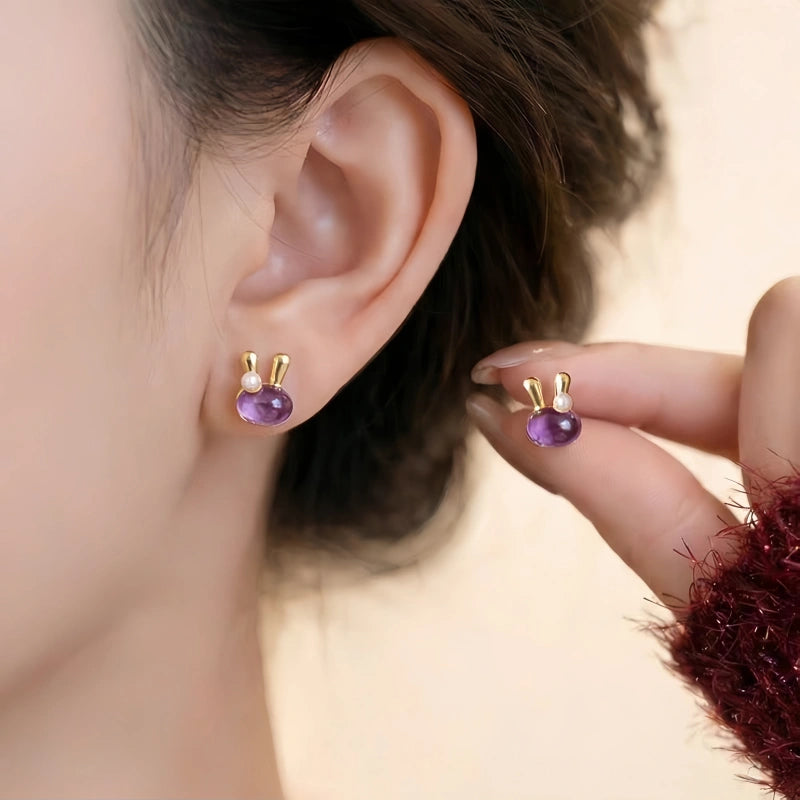 Golden Bunny Amethyst Earrings