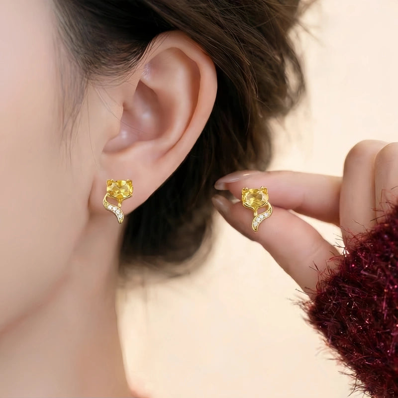 Natural Citrine Fox Stud Earrings