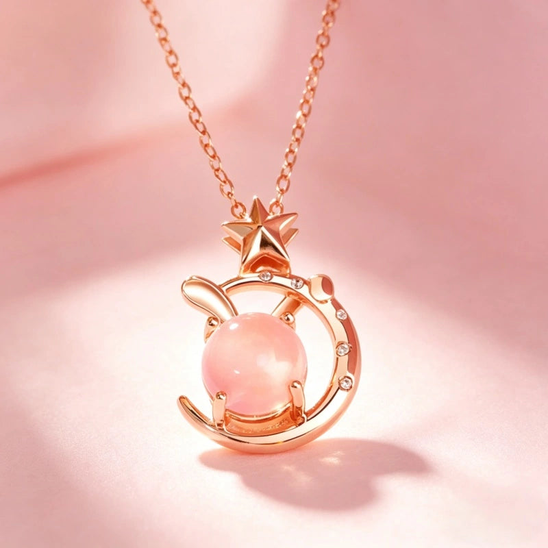 Blush Moon Rabbit Natural Crystal Necklace