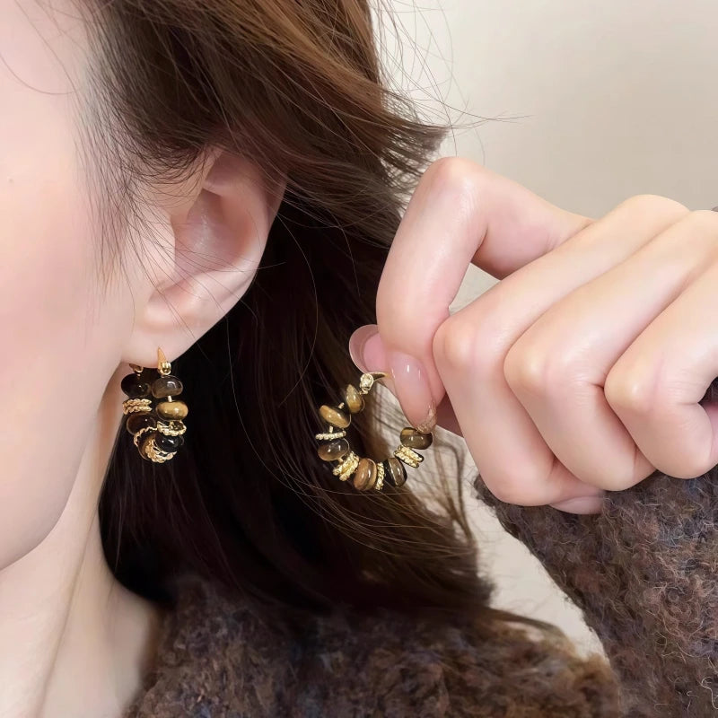 Boucles d'oreilles Œil de tigre naturel, perles carrées Maillard, boucle Resolve - Attire la richesse