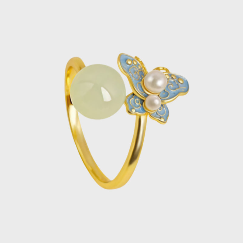 Hetian Jade Butterfly Enamel Pearl Ring – Wear Peace, Carry Fortune