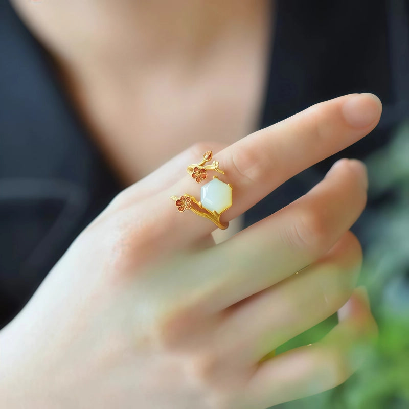 Golden Bough Plum Hetian Jade Ring – Where Luck Meets Inner Peace