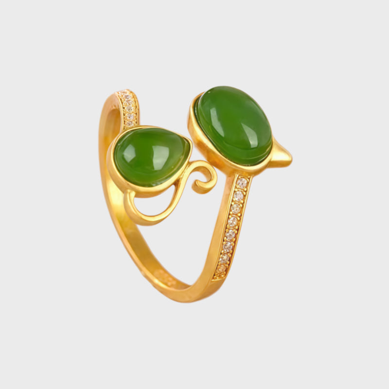 Natural Hetian Jade Cat Ring - Purity & Wisdom & Peace
