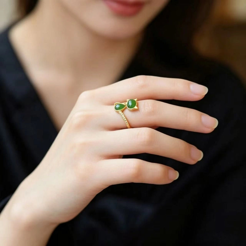 Natural Hetian Jade Cat Ring - Purity & Wisdom & Peace