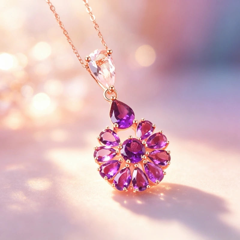 Royal Purple Bloom Natural Crystal Necklace