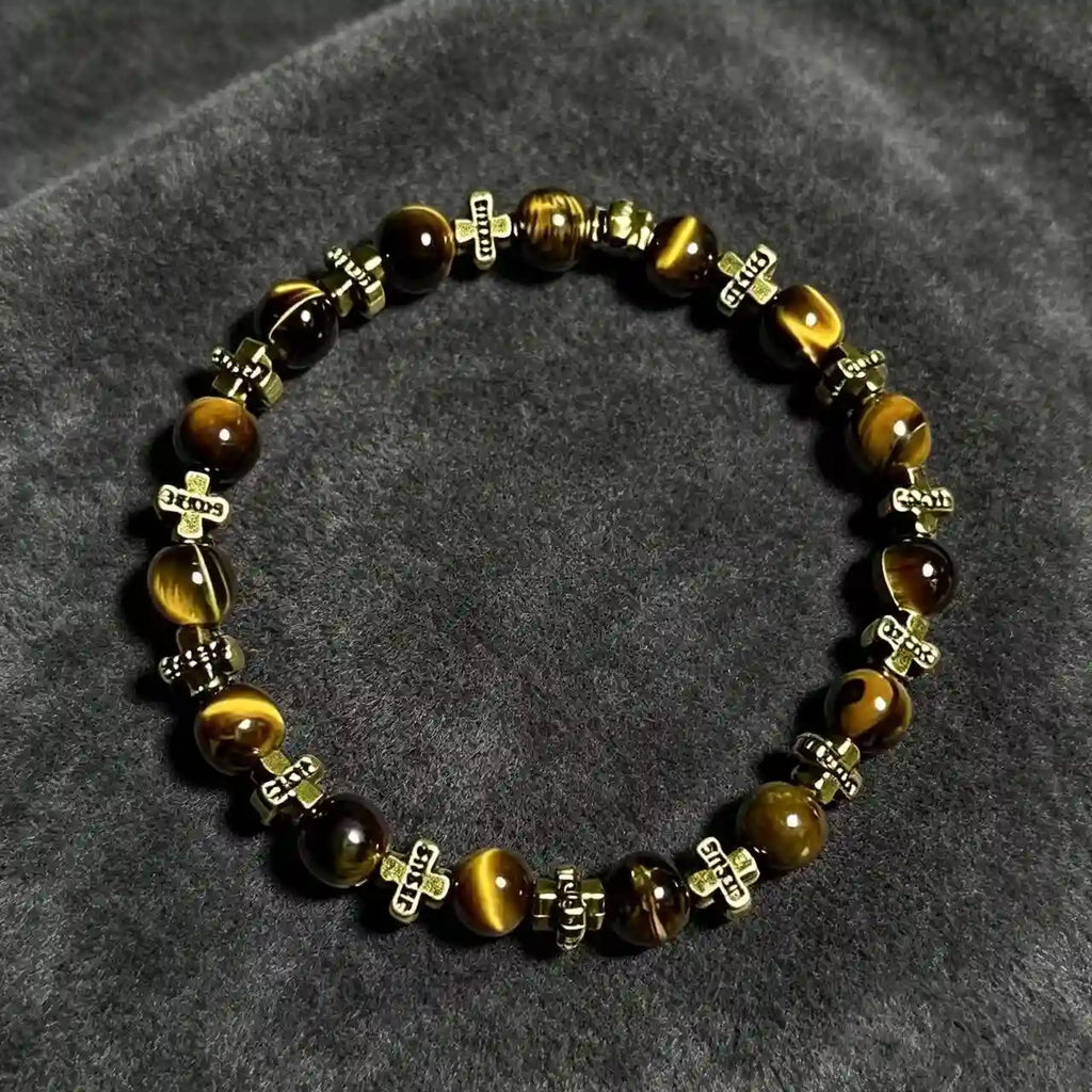 Vintage Cross Tiger Eye Beaded Bracelet - Wealth Attracting