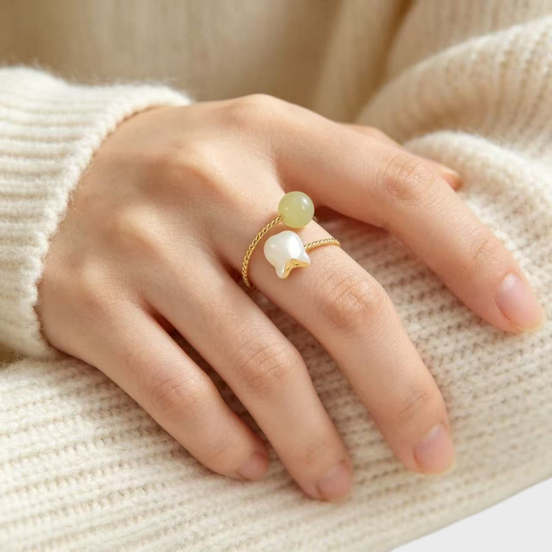 Hetian Jade Twist Band Flower Ring - Calm Energy, Lasting Luck