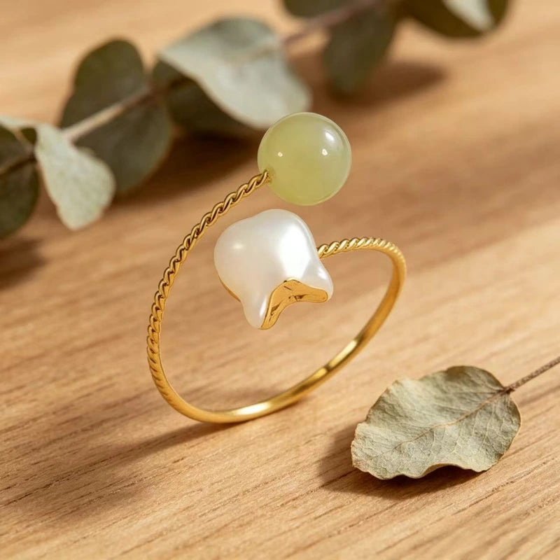 Hetian Jade Twist Band Flower Ring - Calm Energy, Lasting Luck