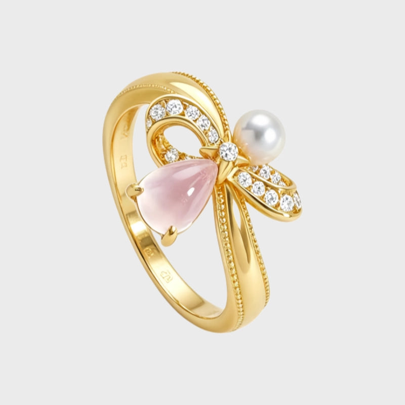Bow Pearl Natural Rose Quartz Crystal Ring - Self-love First, Fortune Follows