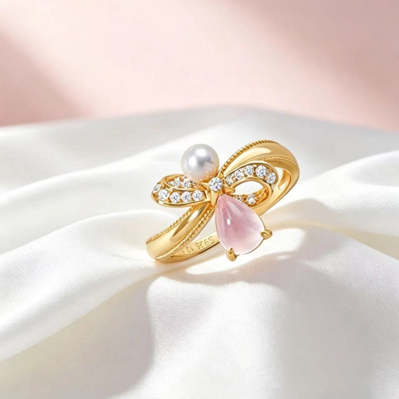 Bow Pearl Natural Rose Quartz Crystal Ring - Self-love First, Fortune Follows